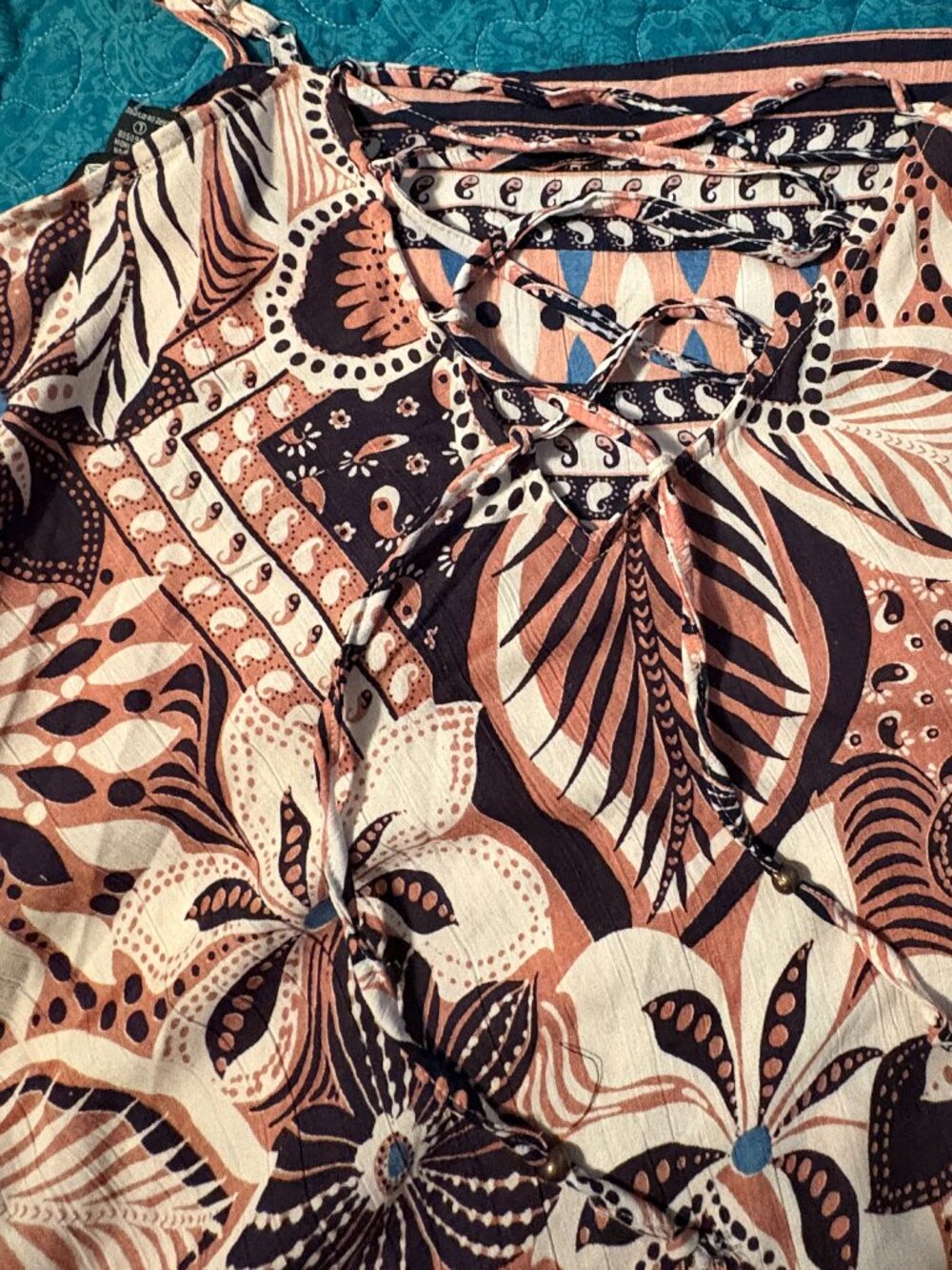 Angie Printed Square Neckline Lace Up Back Spaghetti Straps Dress Size L. NWOT - Picture 4 of 6